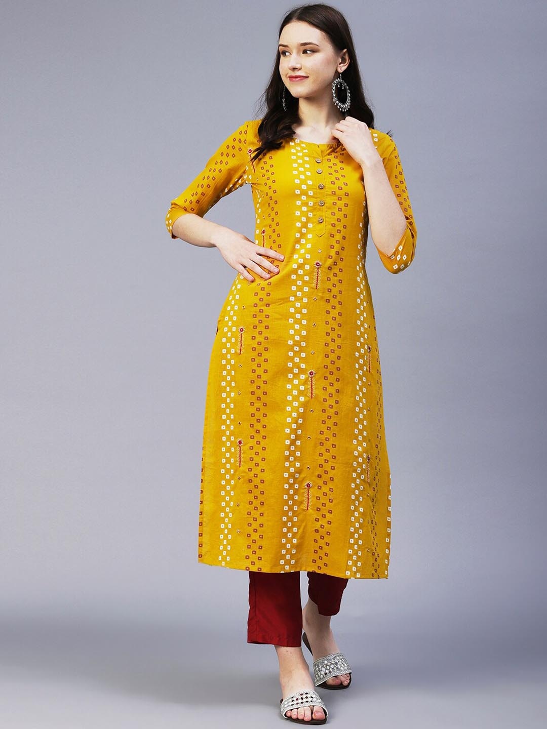 

FASHOR Geometric Printed Mirror Work Cotton Kurta, Mustard