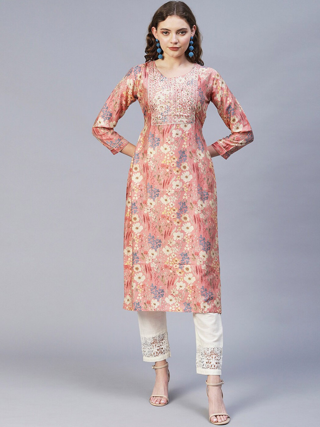 

FASHOR Floral Printed Mirror Work Silk Kurta, Pink