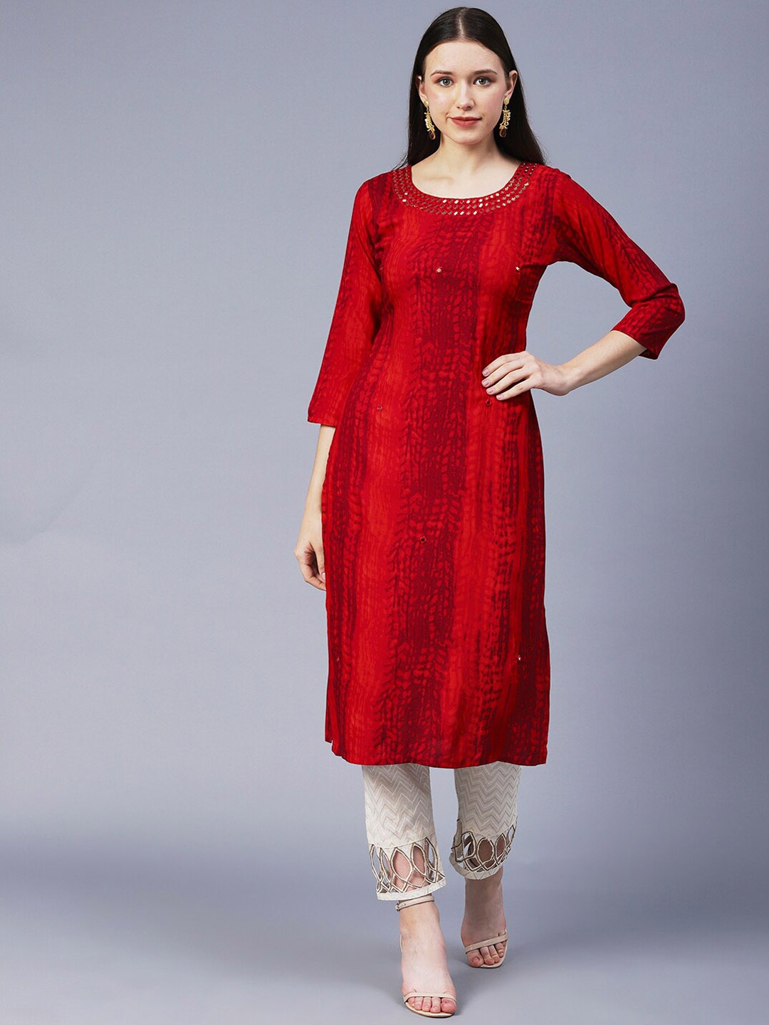

FASHOR Printed Mirror Work Kurta, Red