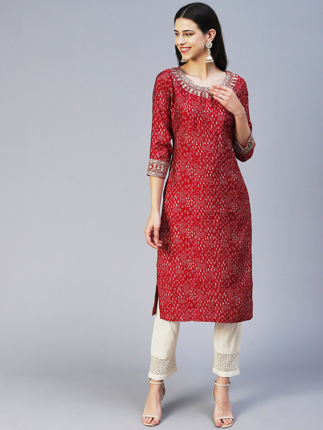 

FASHOR Ethnic Motifs Printed Thread Work Silk Kurta, Magenta