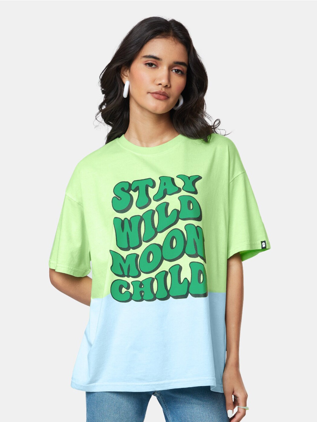 

The Souled Store Women Typography Printed Drop-Shoulder Sleeves Oversize Pure Cotton Oversized T-shirt, Green