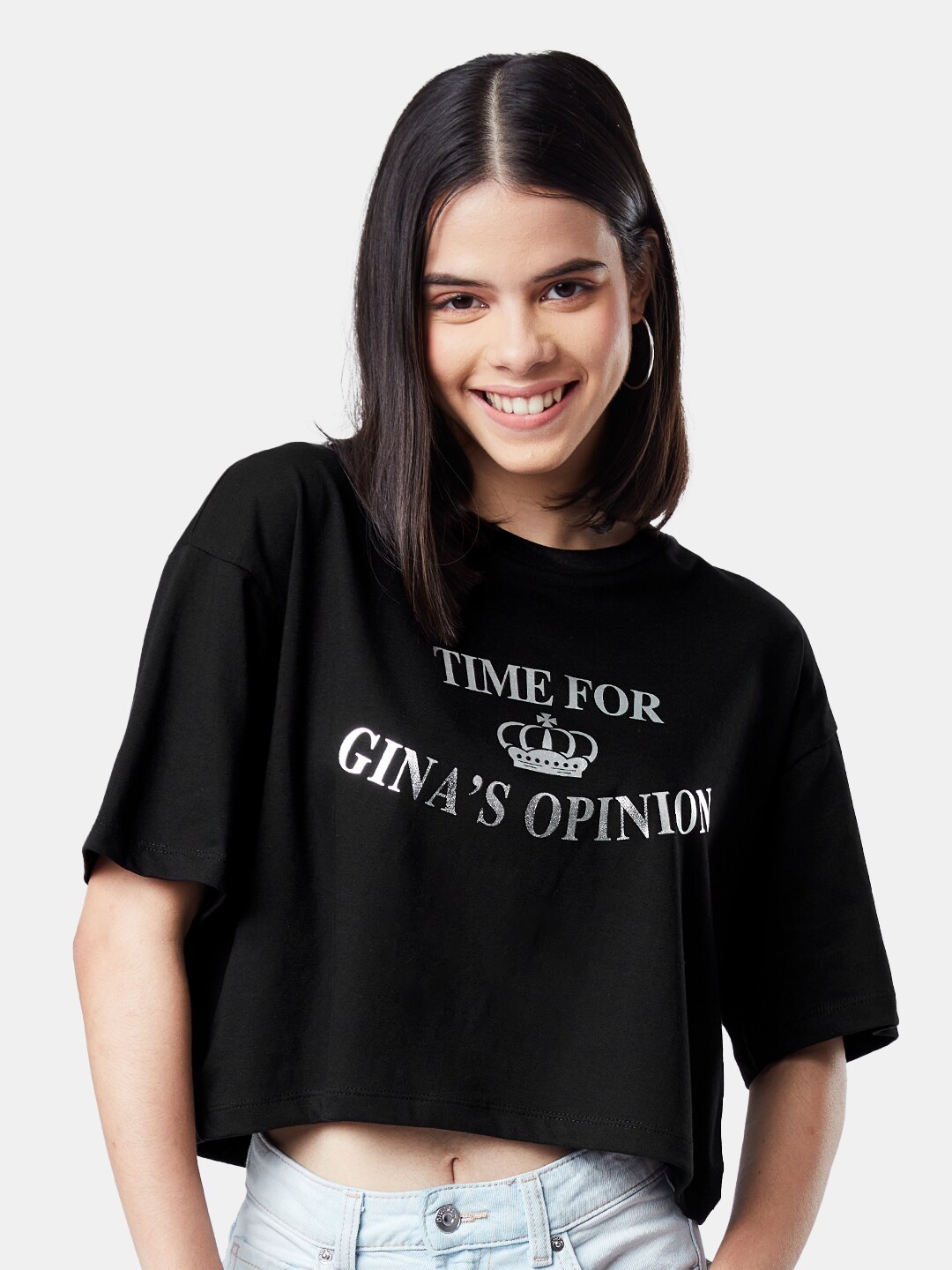 

The Souled Store Women Typography Printed Loose Pure Cotton Crop Oversized T-shirt, Black