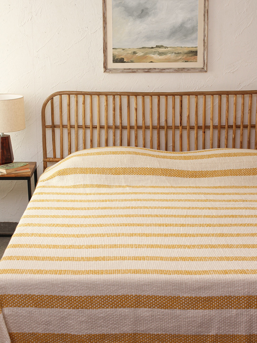 

House This Shivalik Yellow & White Woven Design Double Queen Pure Cotton Bed Cover