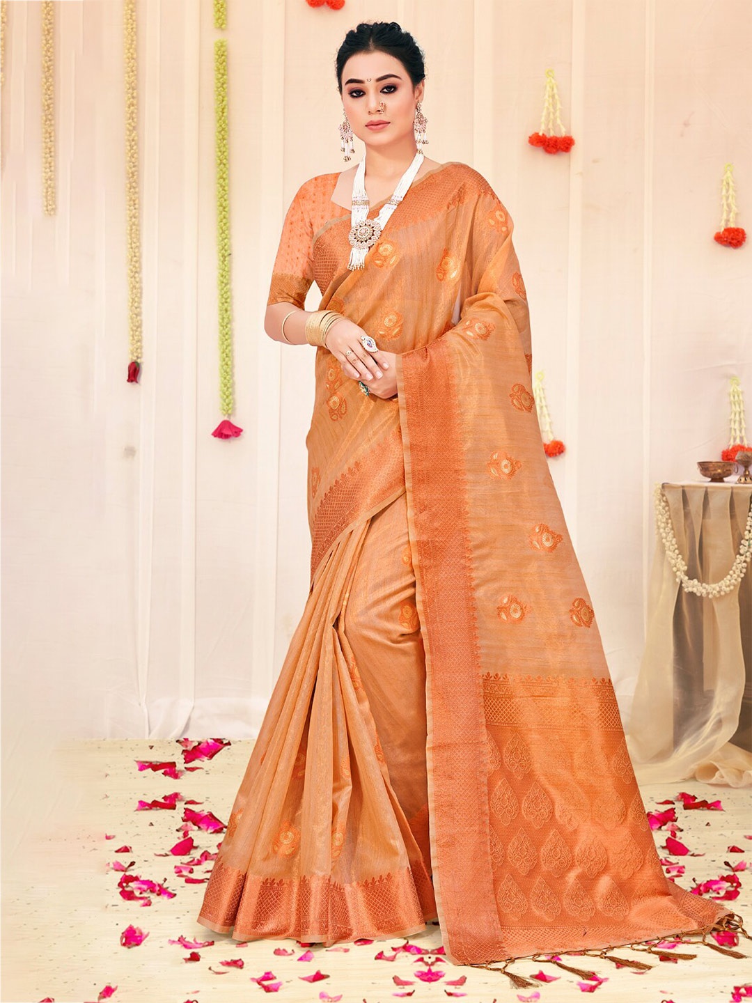 

Exclusiva Orange & Beige Ethnic Motifs Embroidered Organza Banarasi Saree