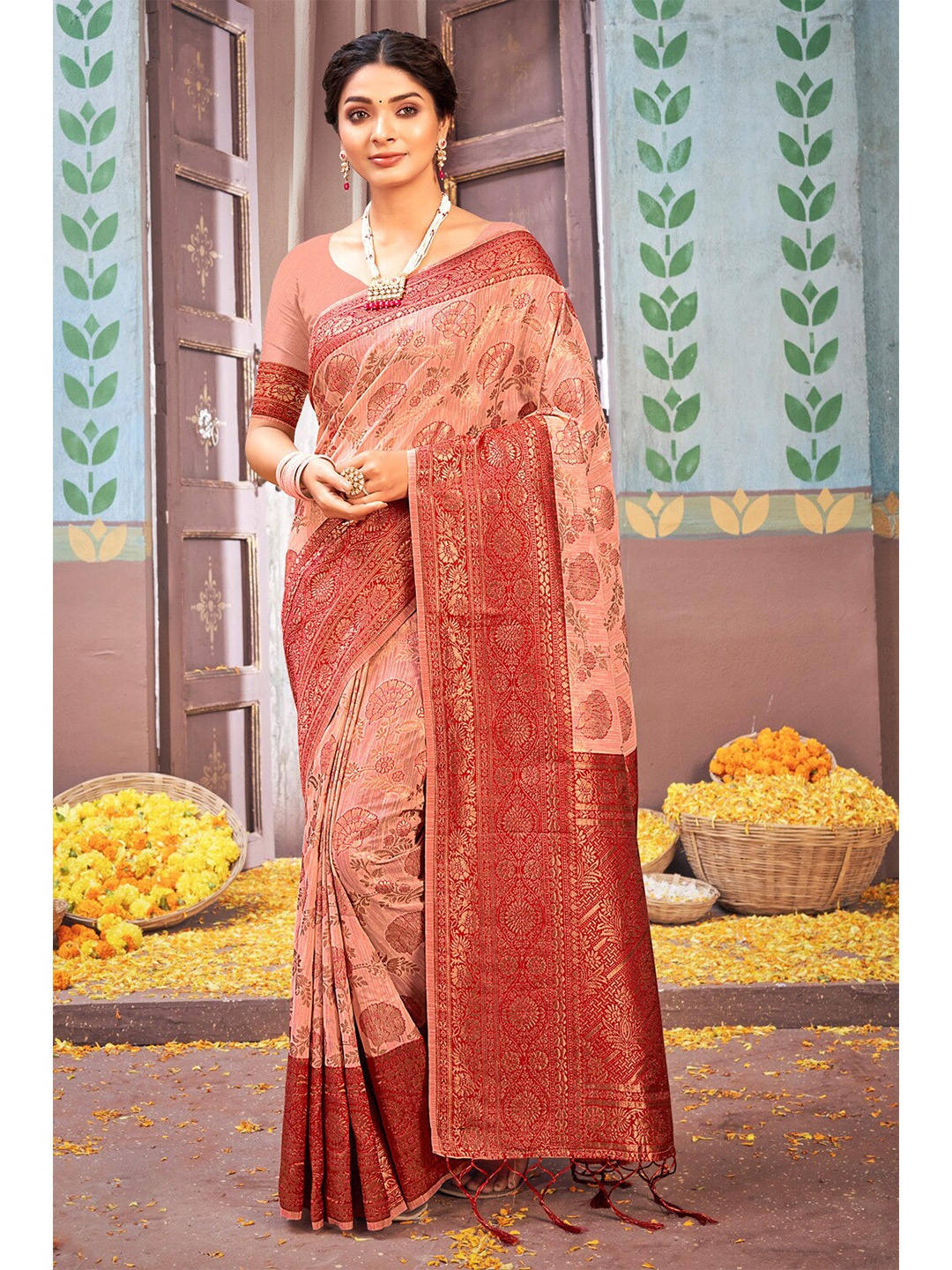 

Exclusiva Peach-Coloured & Gold-Toned Woven Design Zari Pure Cotton Banarasi Saree