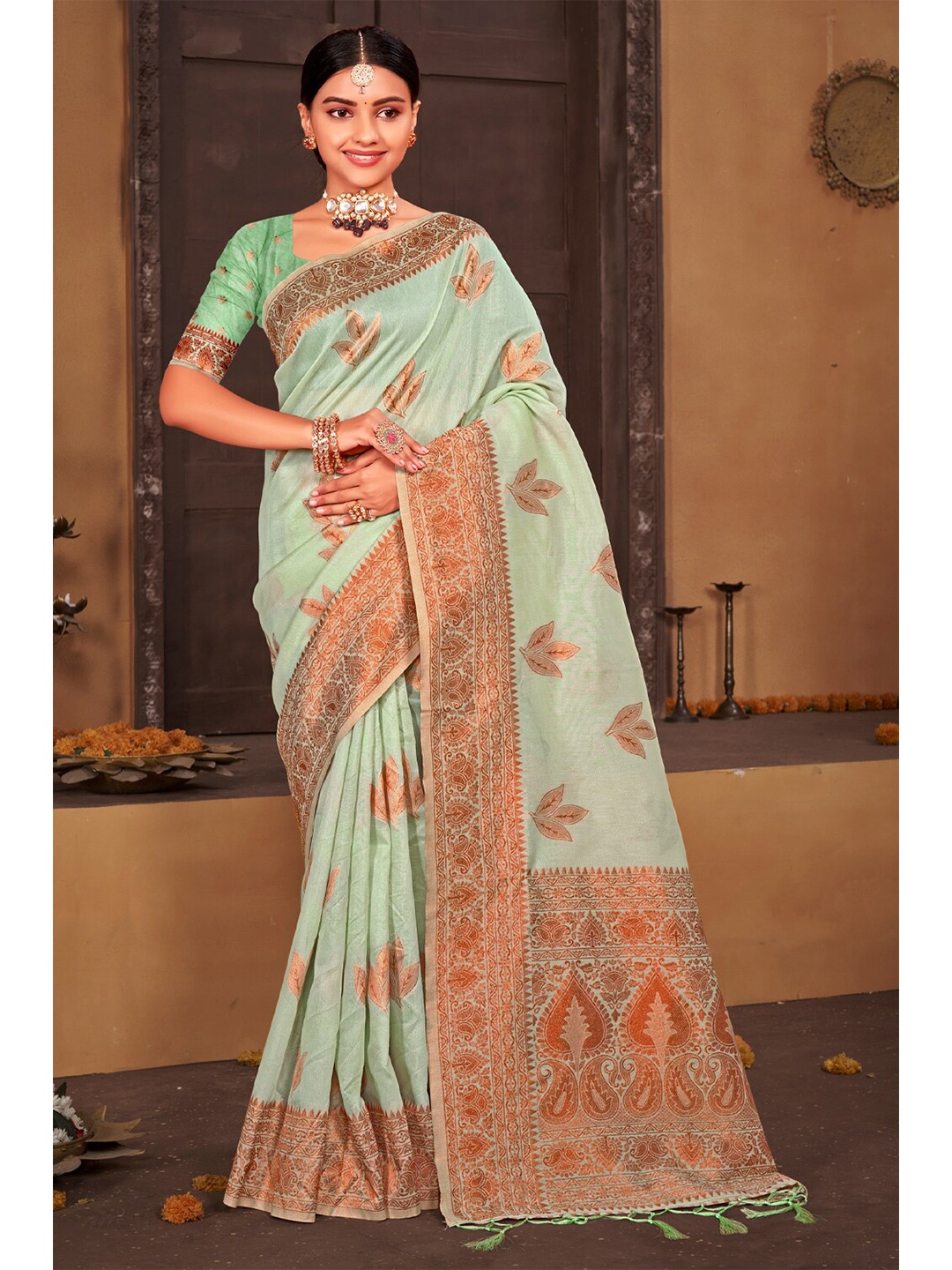 

Exclusiva Turquoise Blue & Gold-Toned Woven Design Zari Pure Cotton Banarasi Saree