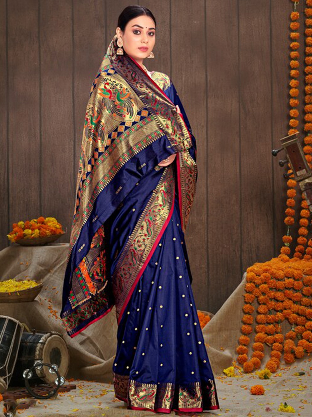 

Exclusiva Blue & Red Woven Design Zari Silk Blend Banarasi Saree