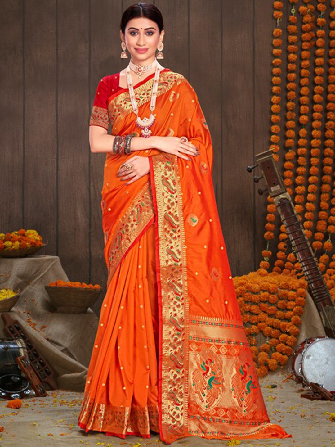 

Exclusiva Orange & Gold-Toned Woven Design Zari Silk Blend Banarasi Saree