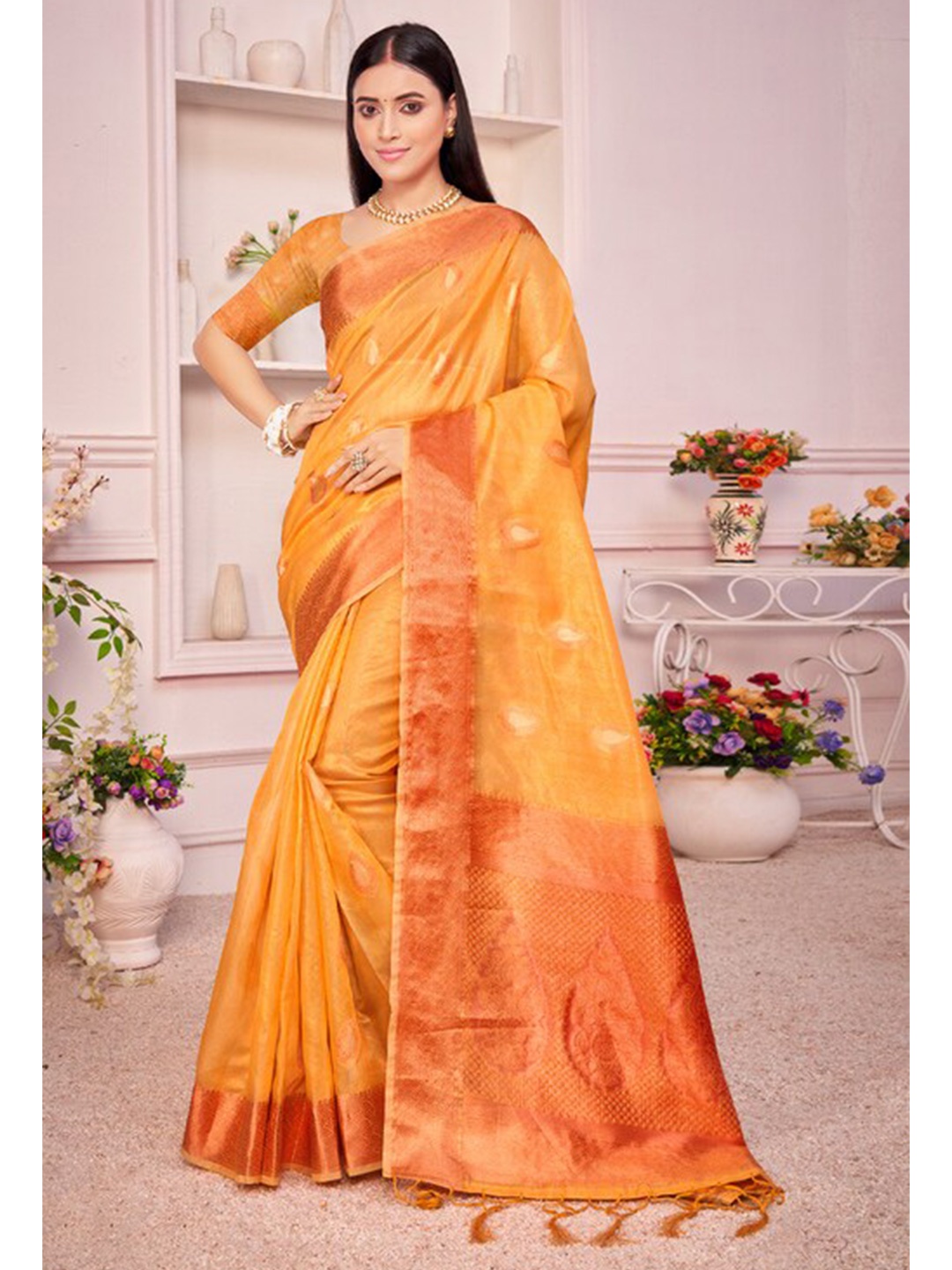 

Exclusiva Yellow & Orange Woven Design Zari Organza Banarasi Saree