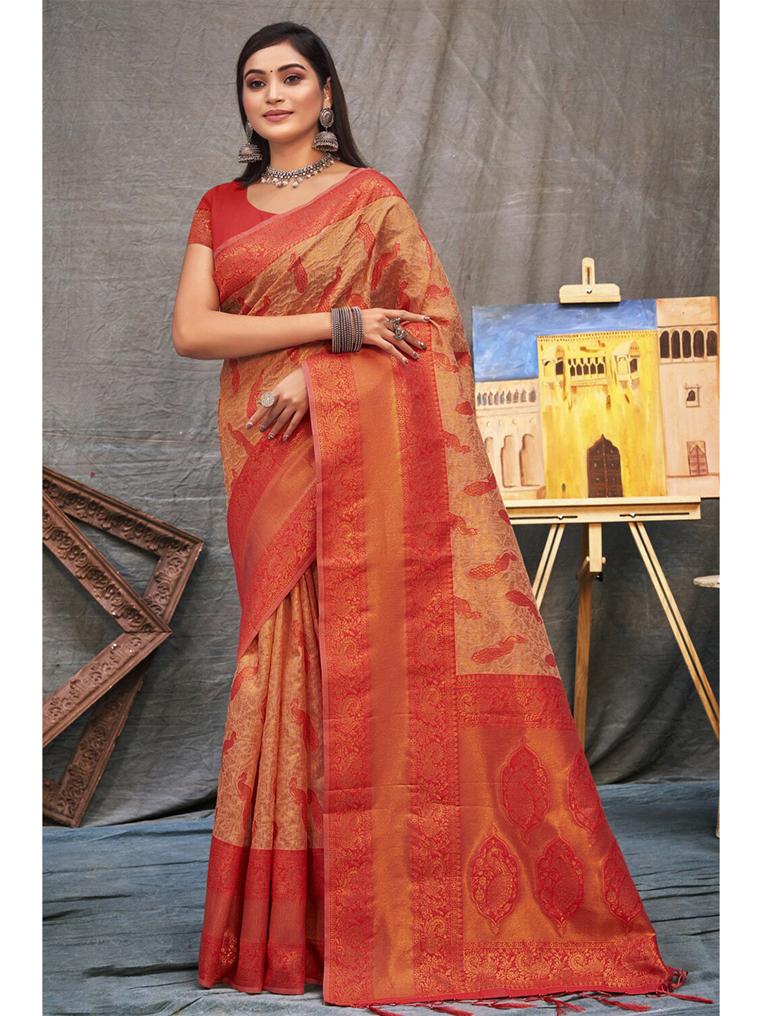 

Exclusiva Woven Design Zari Organza Banarasi Saree, Beige