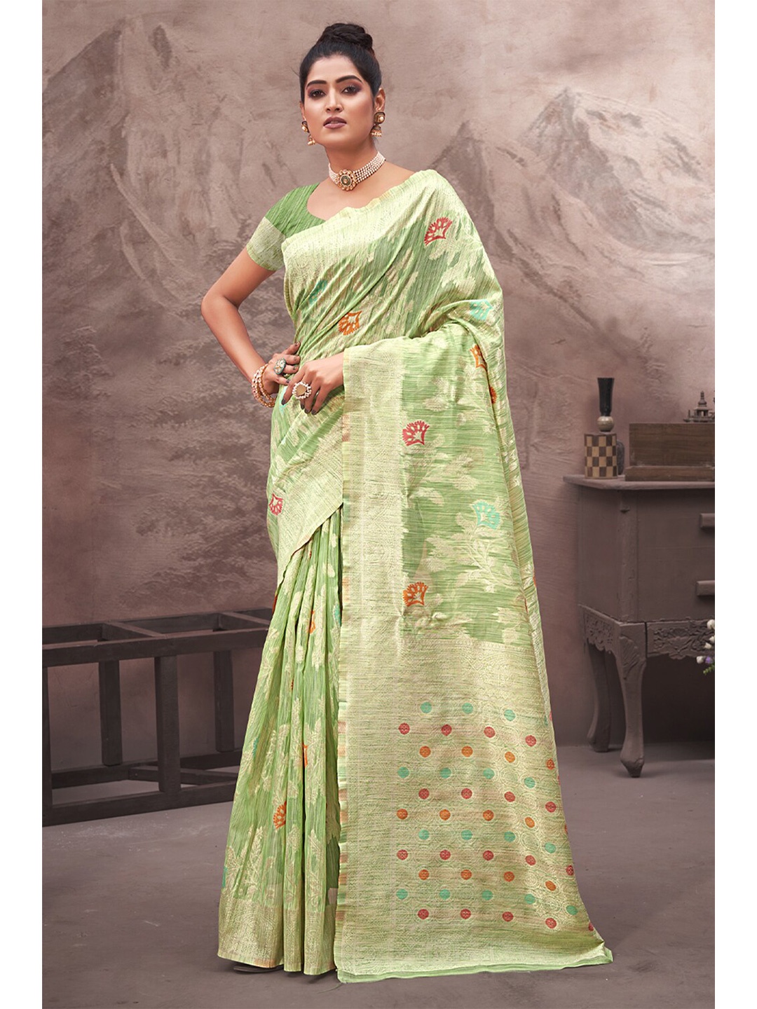 

Exclusiva Green & Red Woven Design Zari Silk Cotton Banarasi Saree