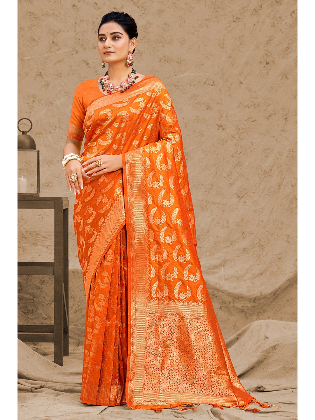 

Exclusiva Orange & Gold-Toned Woven Design Zari Silk Blend Banarasi Saree