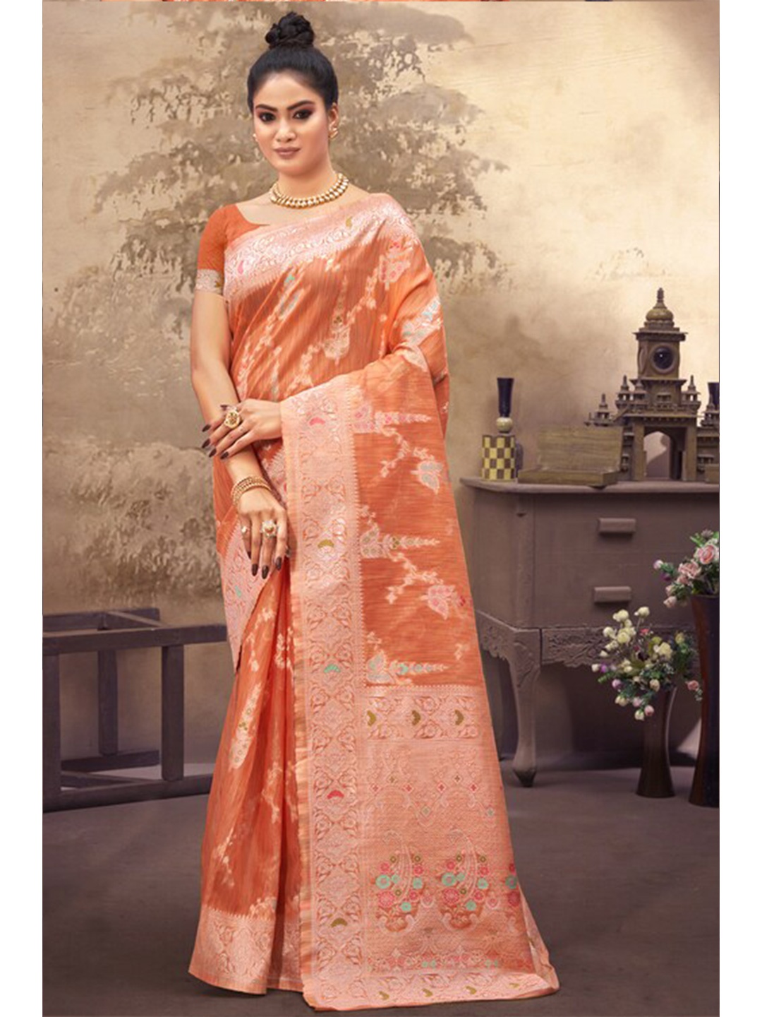 

Exclusiva Peach-Coloured & Gold-Toned Woven Design Zari Silk Cotton Banarasi Saree