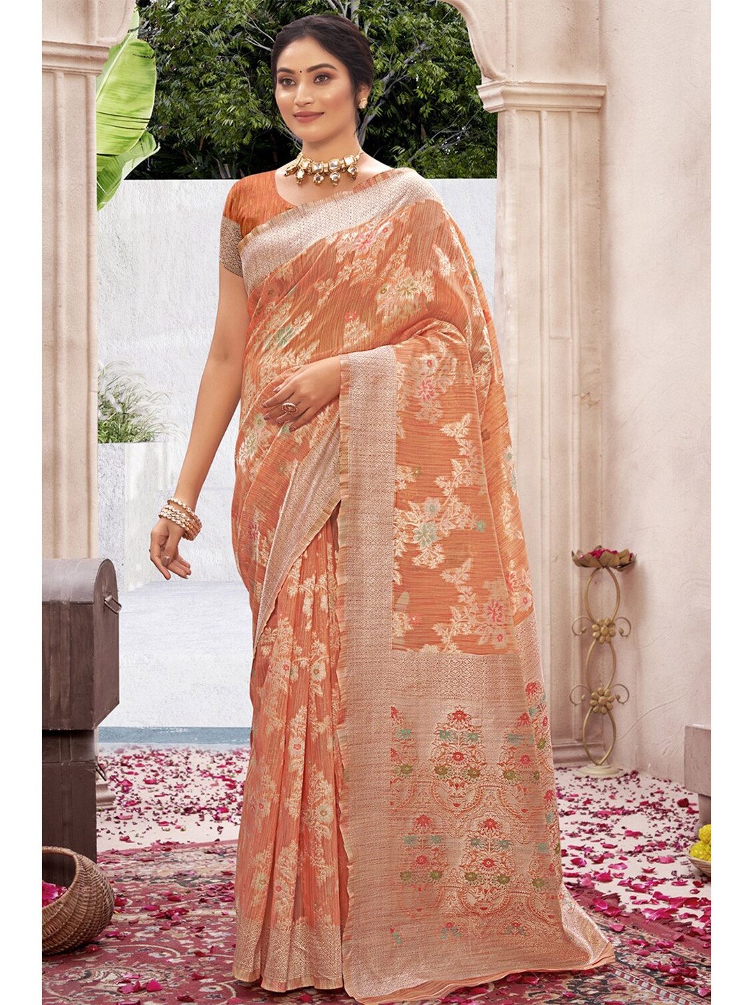 

Exclusiva Orange & Gold-Toned Woven Design Zari Silk Cotton Banarasi Saree