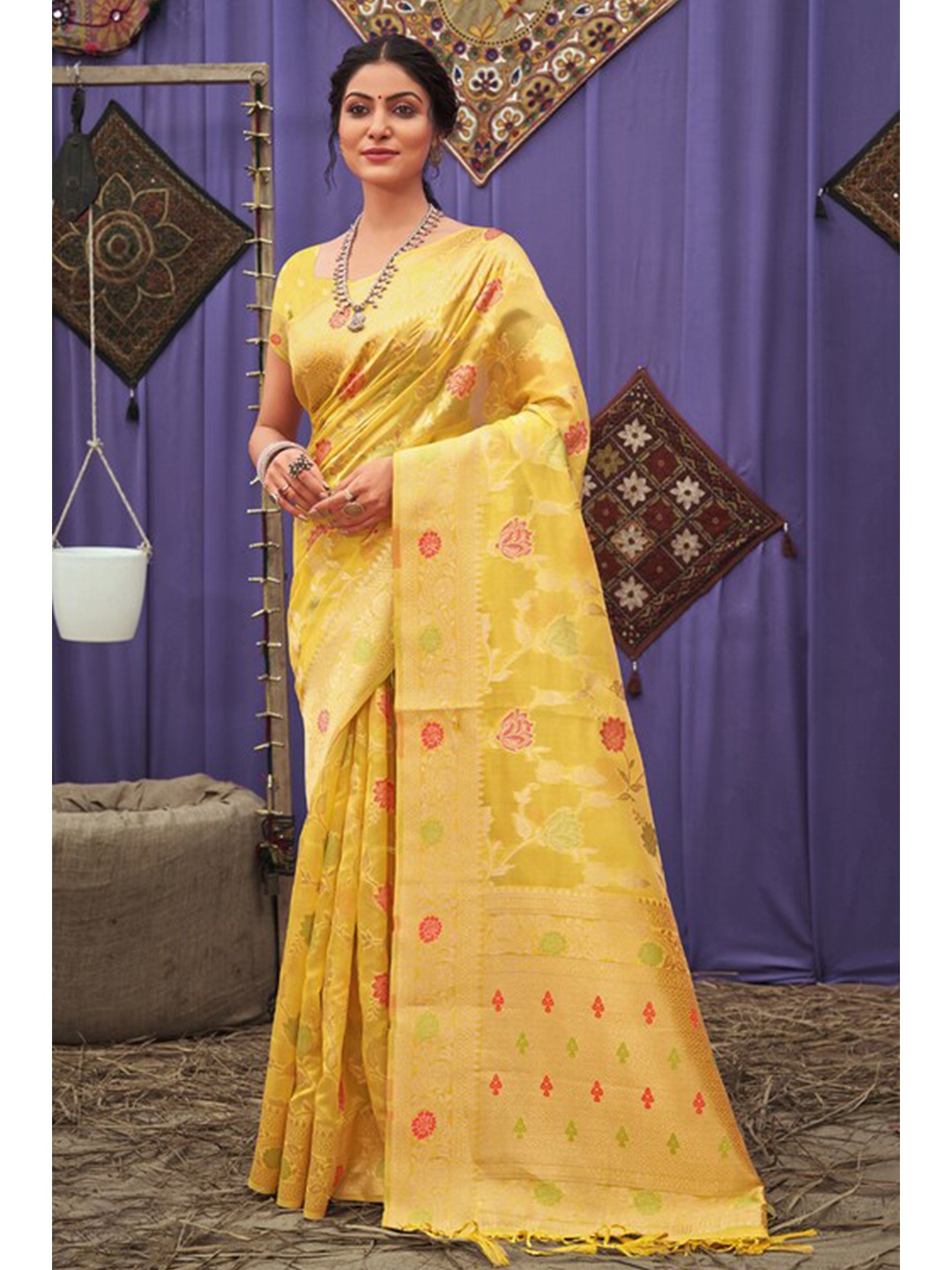 

Exclusiva Yellow & Red Woven Design Zari Organza Banarasi Saree