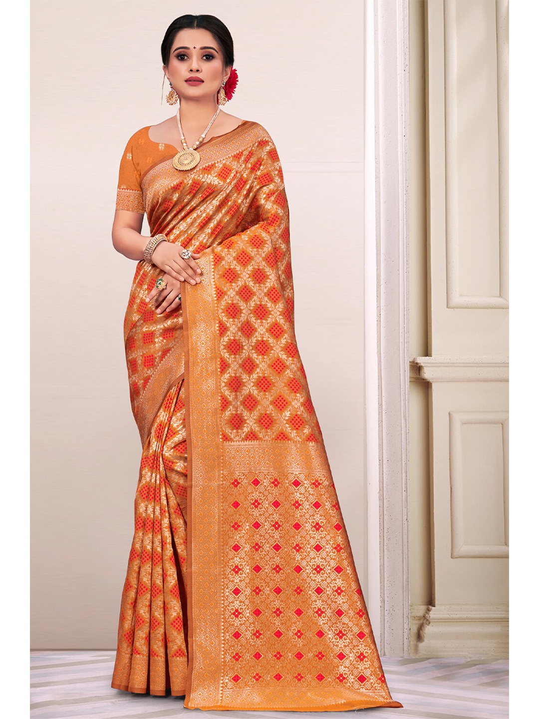 

Exclusiva Orange & Gold-Toned Woven Design Zari Silk Blend Banarasi Saree