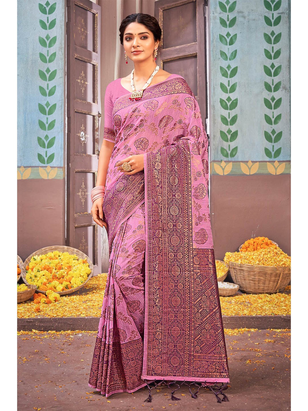 

Exclusiva Pink & Gold-Toned Woven Design Zari Pure Cotton Banarasi Saree