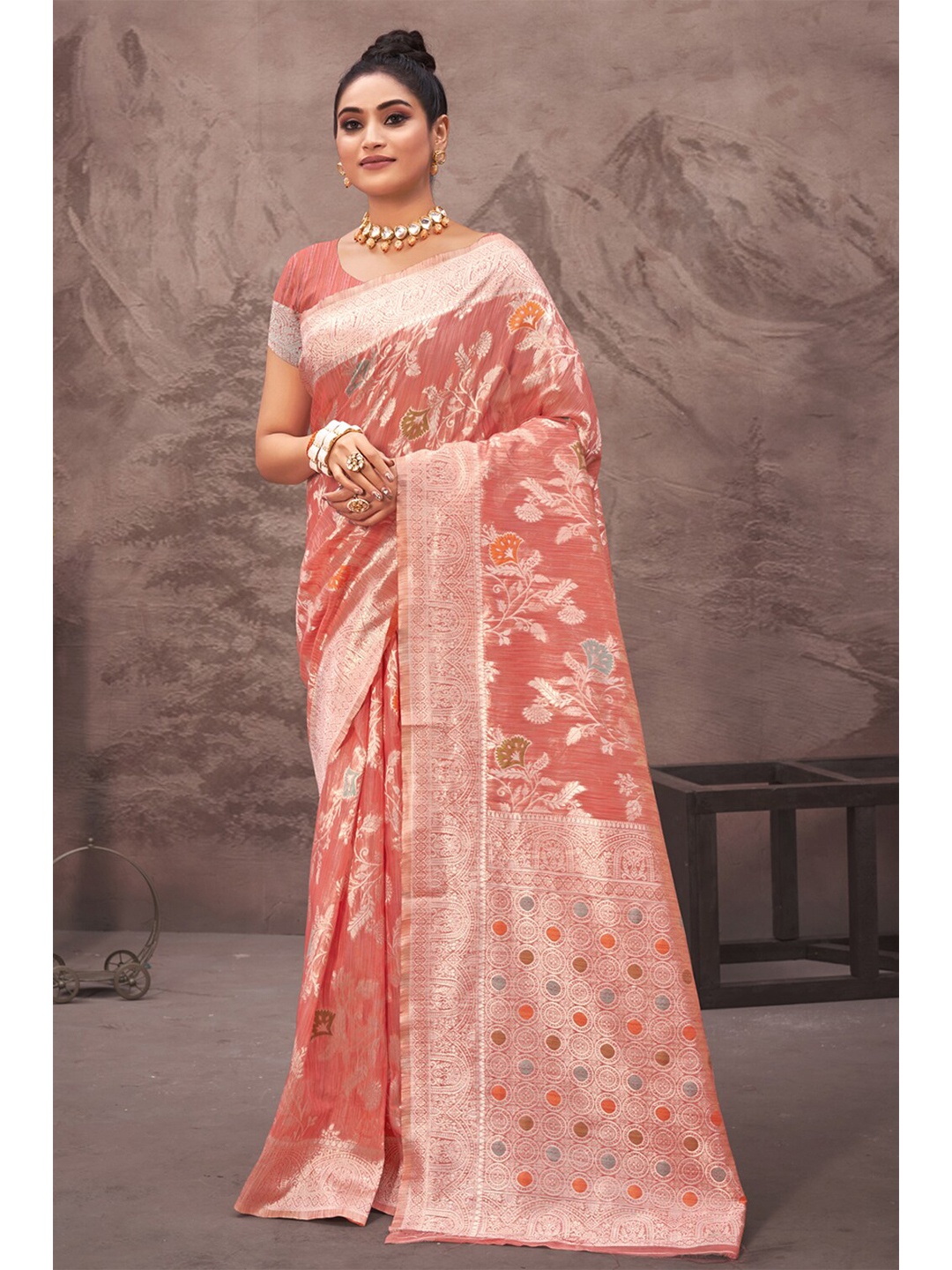 

Exclusiva Pink & Silver-Toned Woven Design Zari Silk Cotton Banarasi Saree