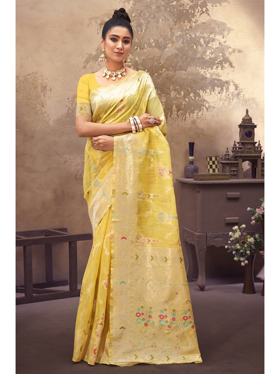 

Exclusiva Yellow & Red Woven Design Zari Silk Cotton Banarasi Saree