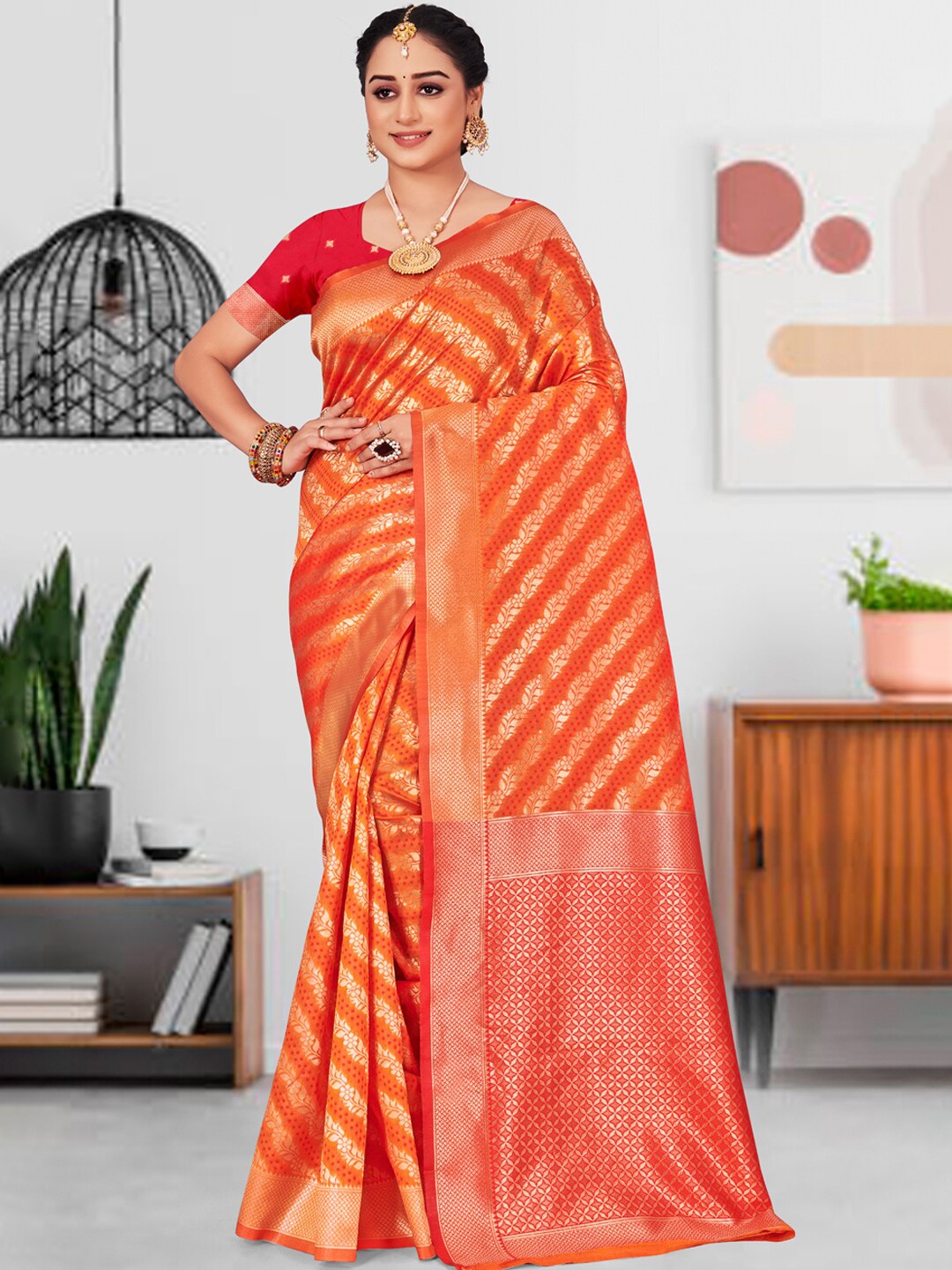 

Exclusiva Orange & Gold-Toned Woven Design Zari Silk Blend Banarasi Saree