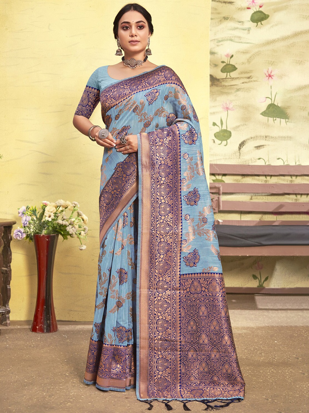 

Exclusiva Blue & Purple Woven Design Zari Pure Cotton Banarasi Saree