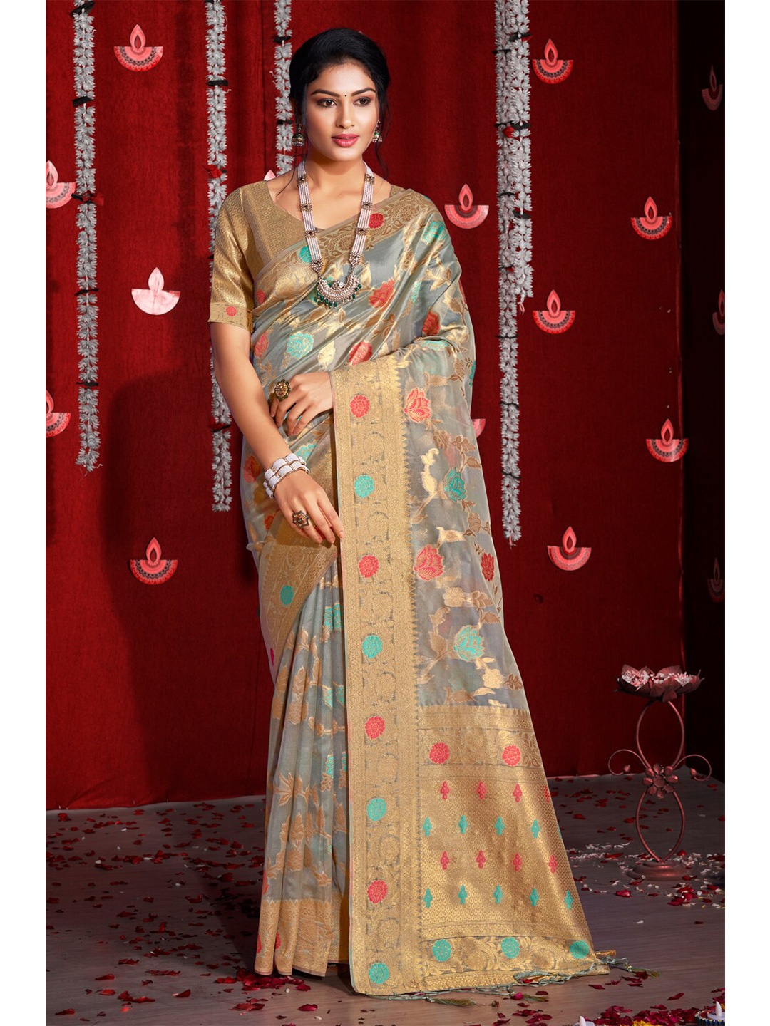 

Exclusiva Grey & Blue Woven Design Zari Organza Banarasi Saree