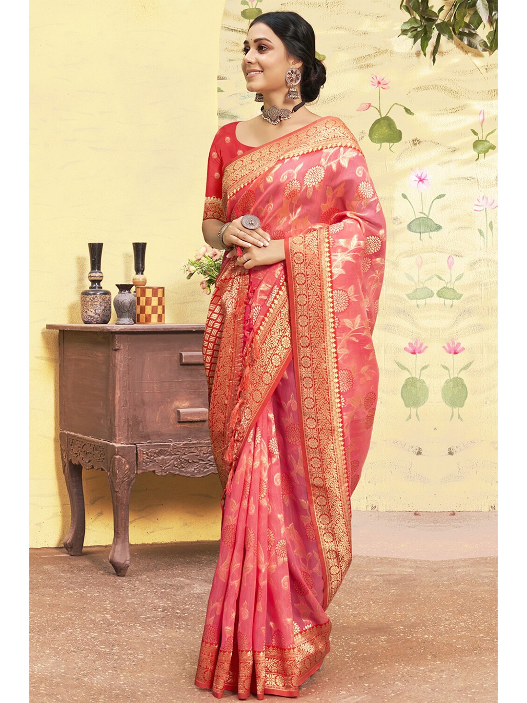 

Exclusiva Pink & Gold-Toned Woven Design Zari Pure Cotton Banarasi Saree