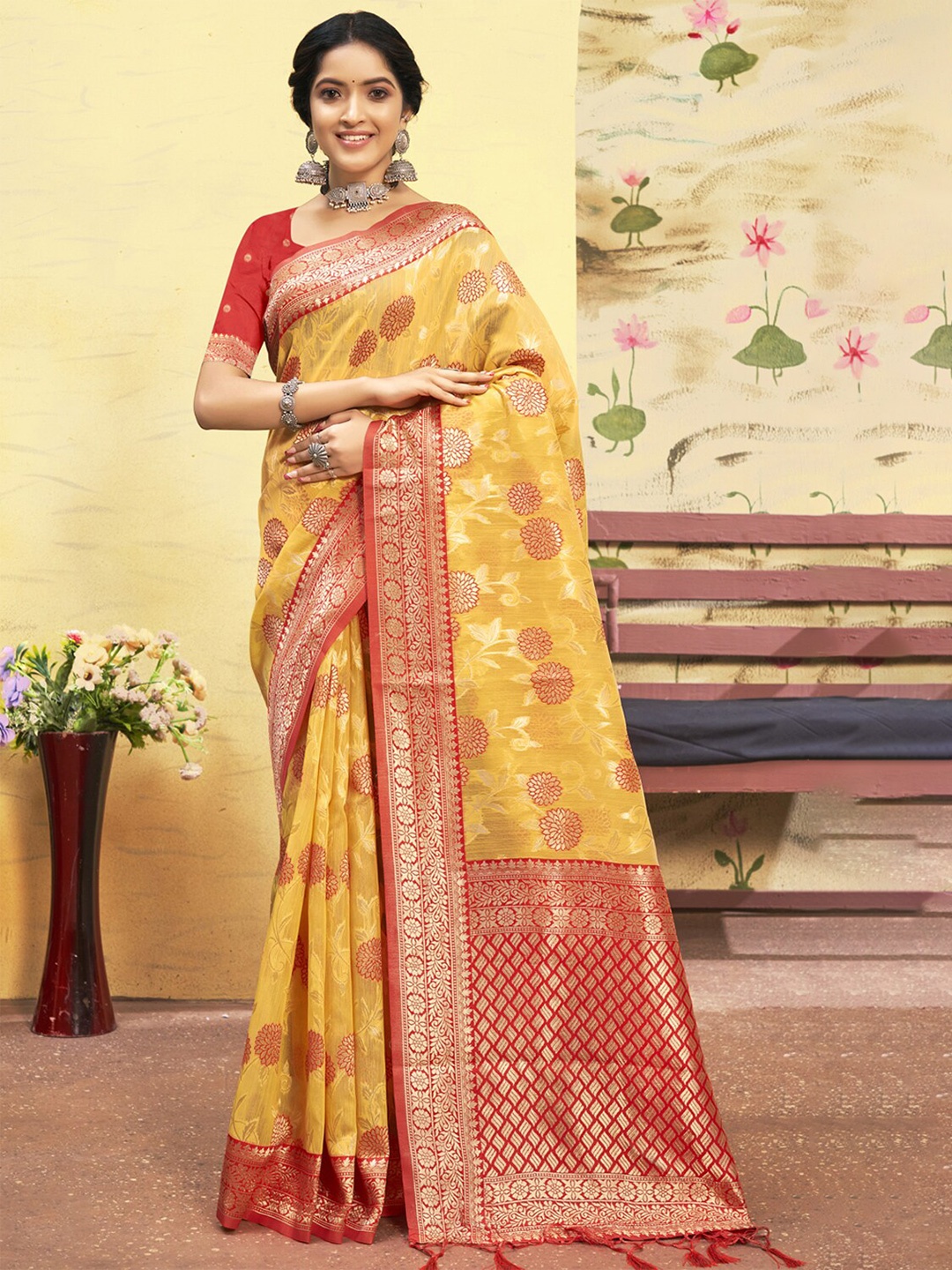 

Exclusiva Yellow & Red Woven Design Zari Pure Cotton Banarasi Saree