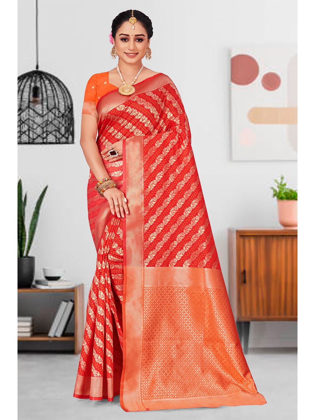 

Exclusiva Red & Orange Woven Design Zari Silk Blend Banarasi Saree