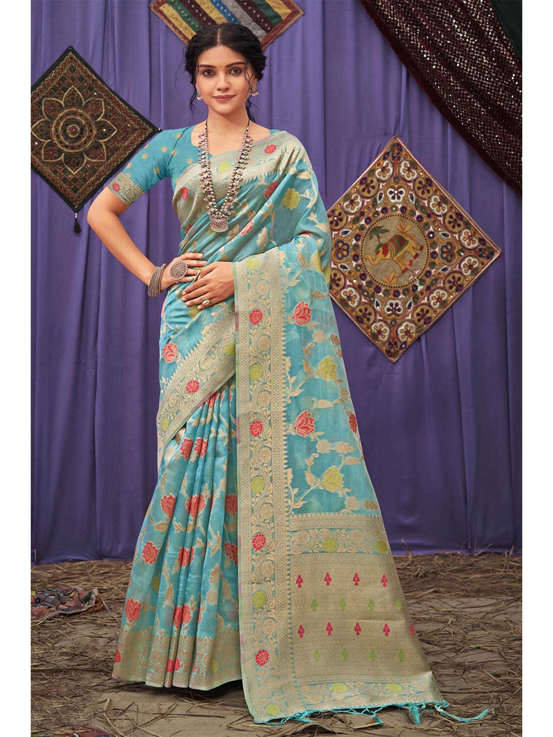 

Exclusiva Blue & Gold-Toned Woven Design Zari Organza Banarasi Saree