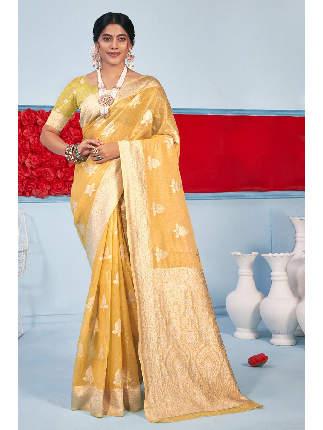 

Exclusiva Mustard & Gold-Toned Woven Design Zari Pure Cotton Banarasi Saree