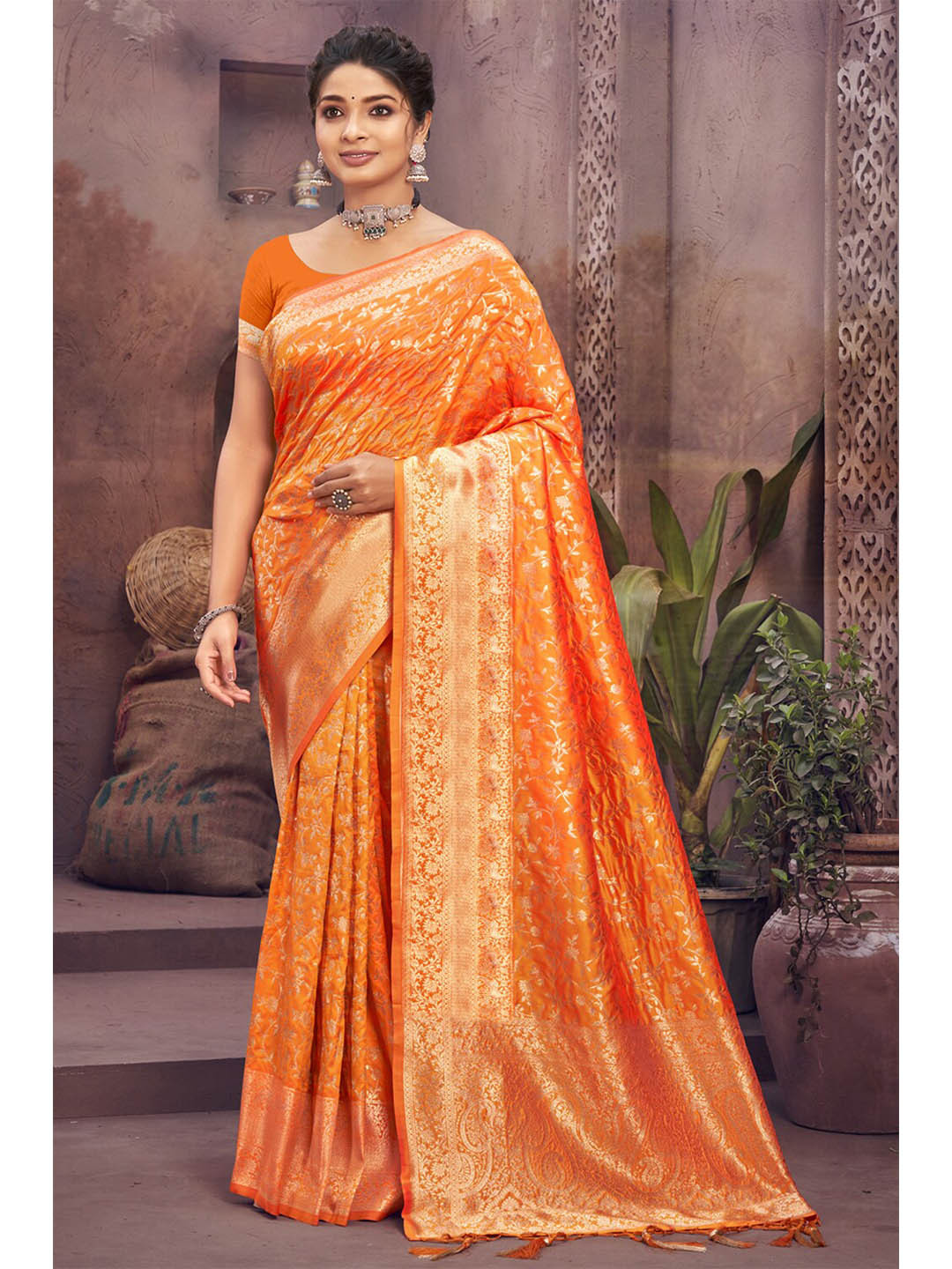 

Exclusiva Orange & Gold-Toned Woven Design Zari Silk Blend Banarasi Saree