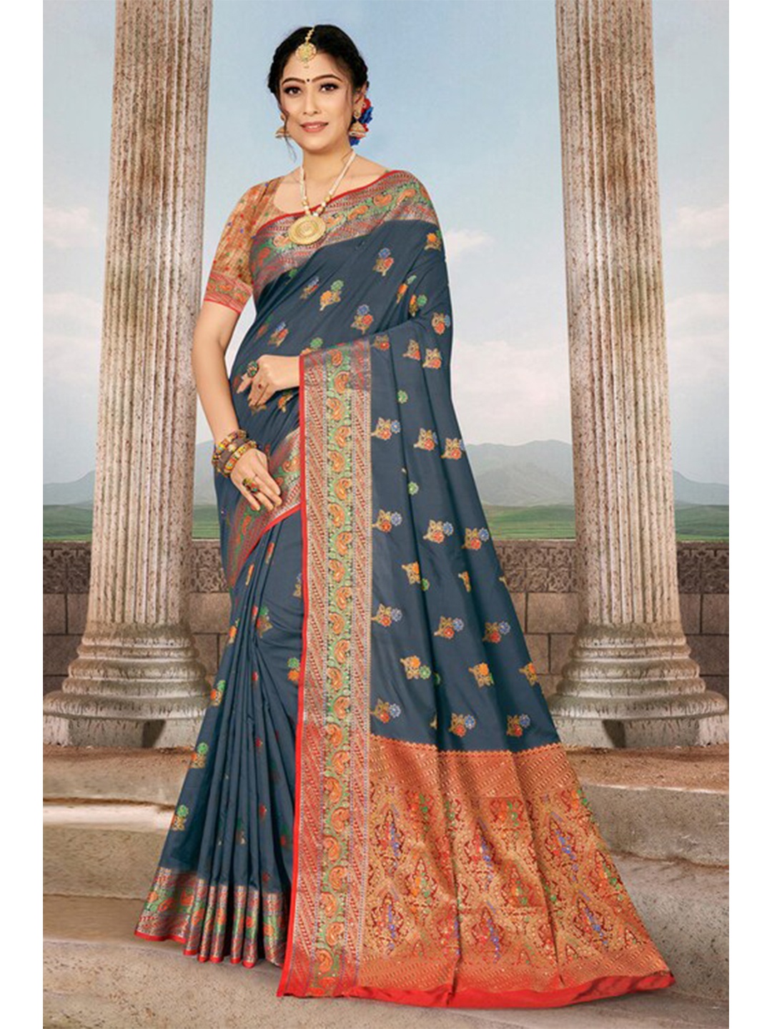 

Exclusiva Grey & Red Woven Design Zari Silk Blend Banarasi Saree