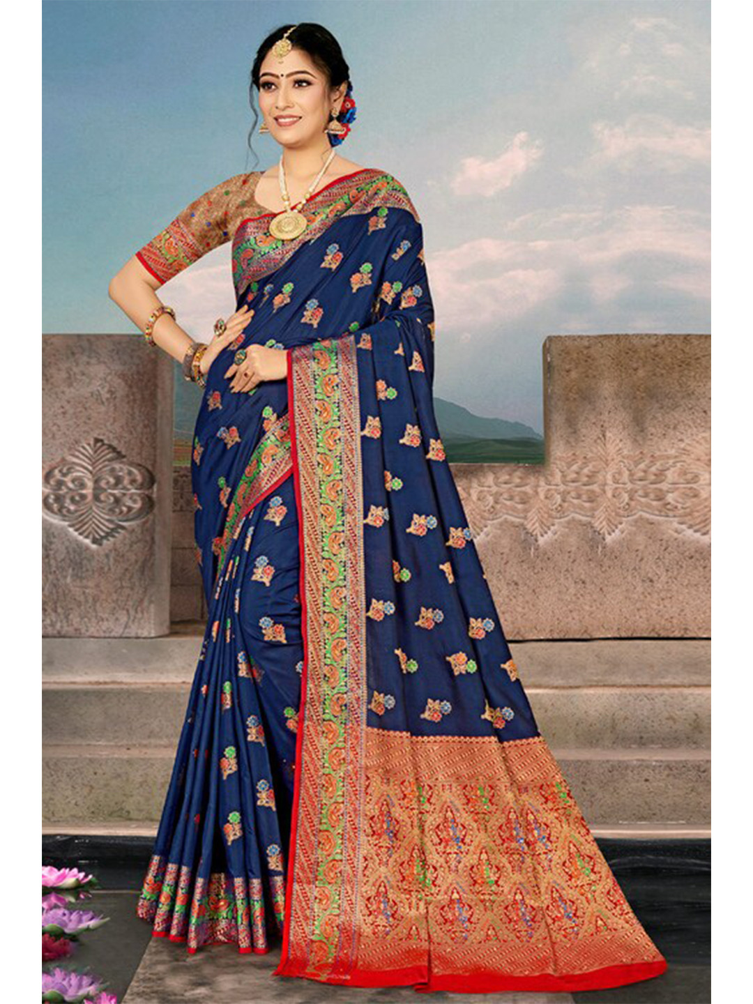 

Exclusiva Navy Blue & Red Woven Design Zari Silk Blend Banarasi Saree