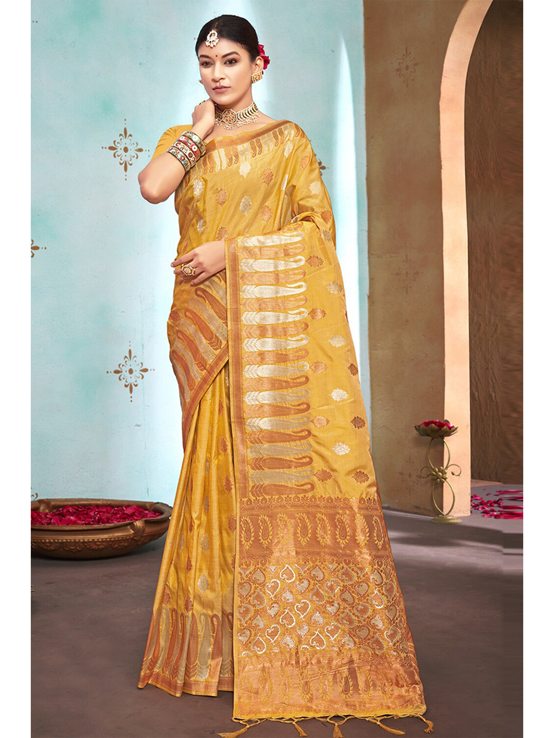 

Exclusiva Yellow & Gold-Toned Woven Design Zari Silk Blend Banarasi Saree