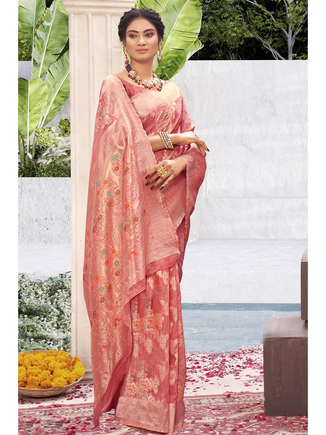 

Exclusiva Pink & Green Woven Design Zari Silk Cotton Banarasi Saree