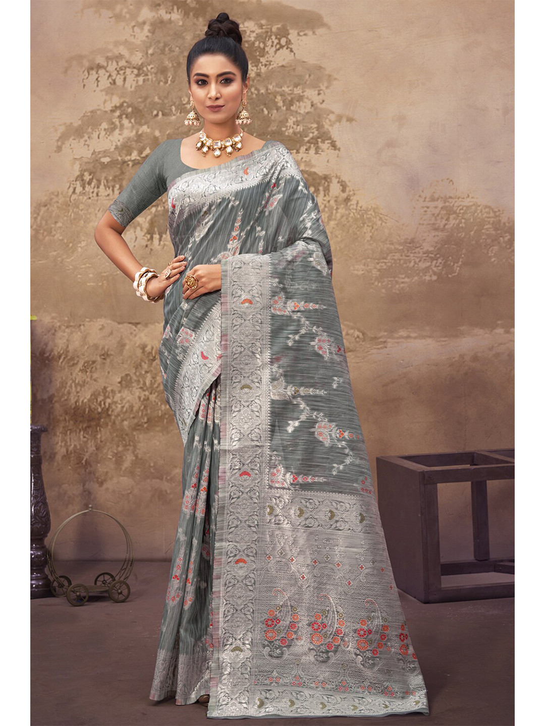

Exclusiva Grey & Red Woven Design Zari Silk Cotton Banarasi Saree