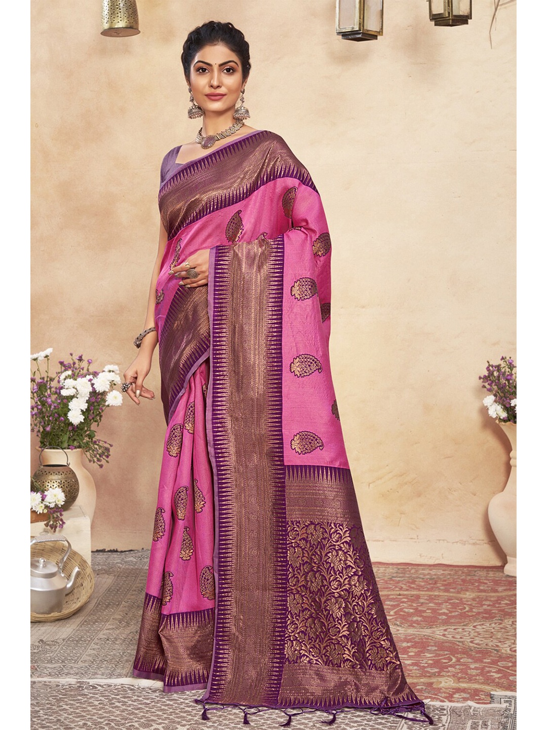 

Exclusiva Pink & Purple Woven Design Zari Pure Cotton Banarasi Saree