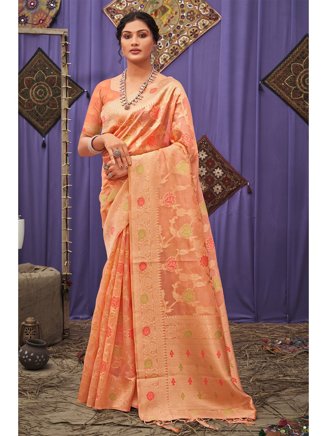 

Exclusiva Peach-Coloured & Green Woven Design Zari Organza Banarasi Saree