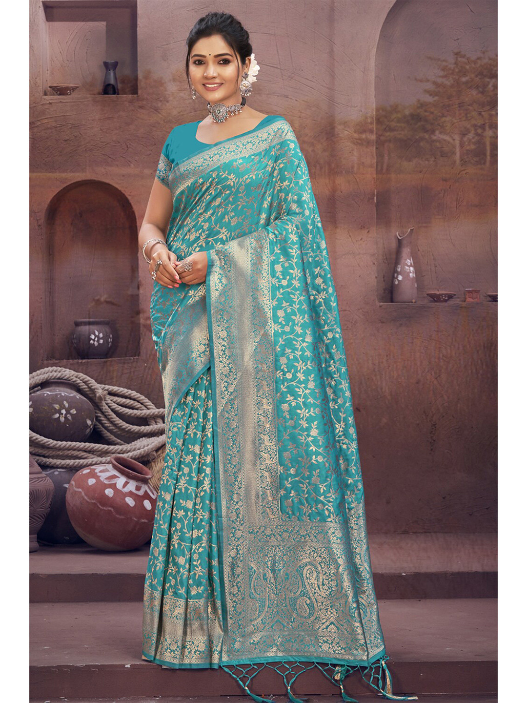 

Exclusiva Blue & Gold-Toned Woven Design Zari Silk Blend Banarasi Saree