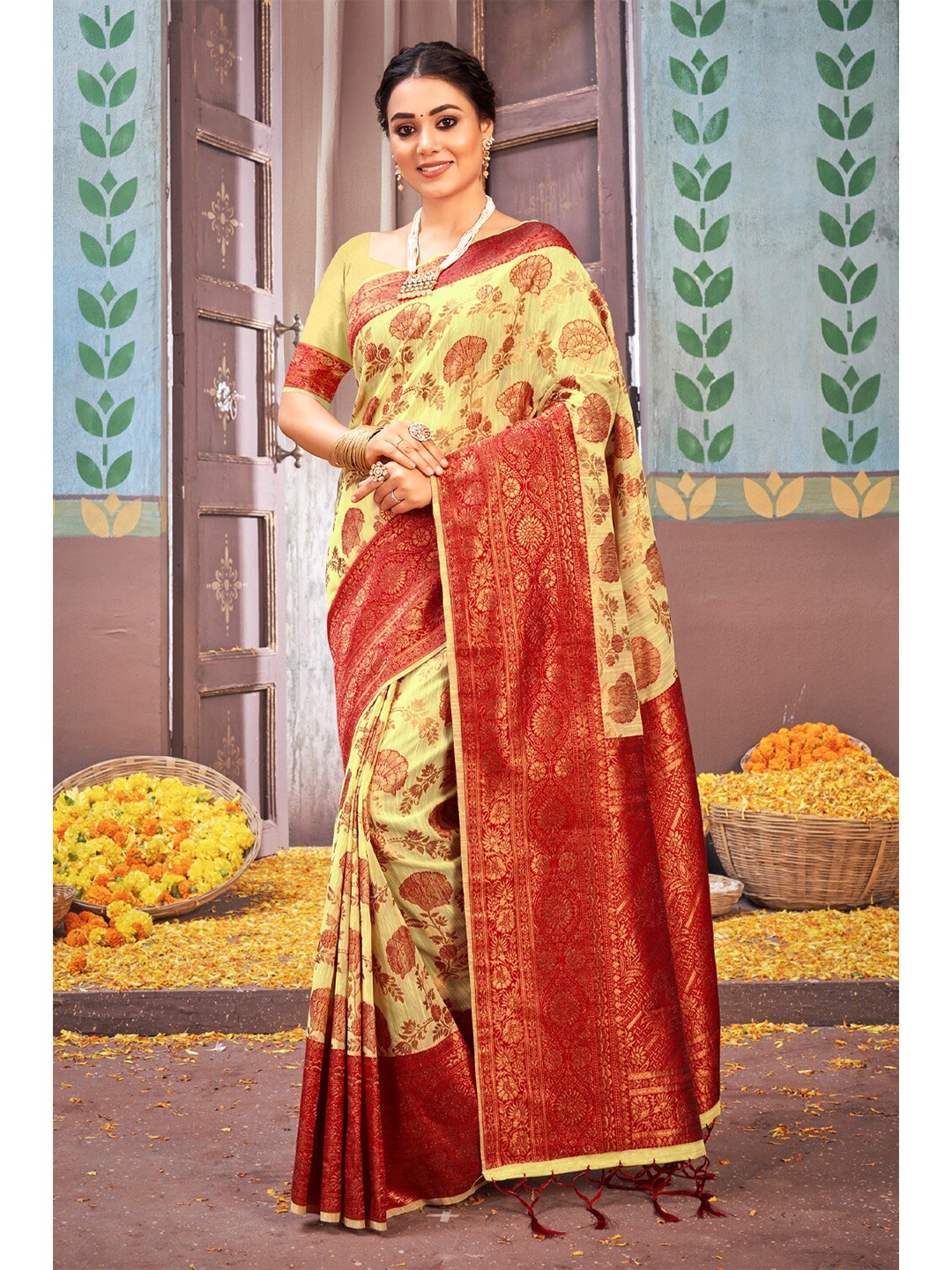 

Exclusiva Yellow & Red Woven Design Zari Pure Cotton Banarasi Saree