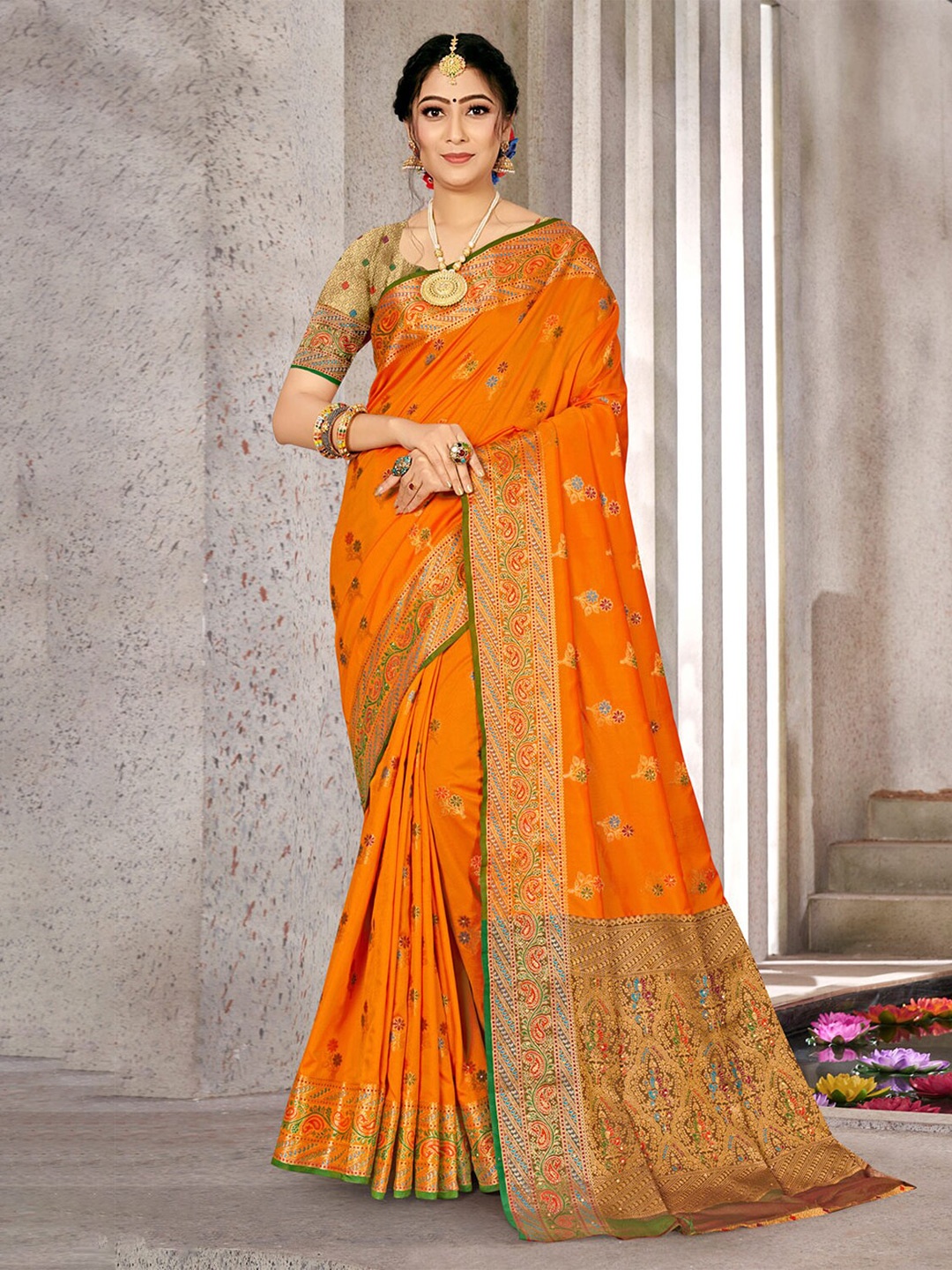 

Exclusiva Mustard & Green Woven Design Zari Silk Blend Banarasi Saree