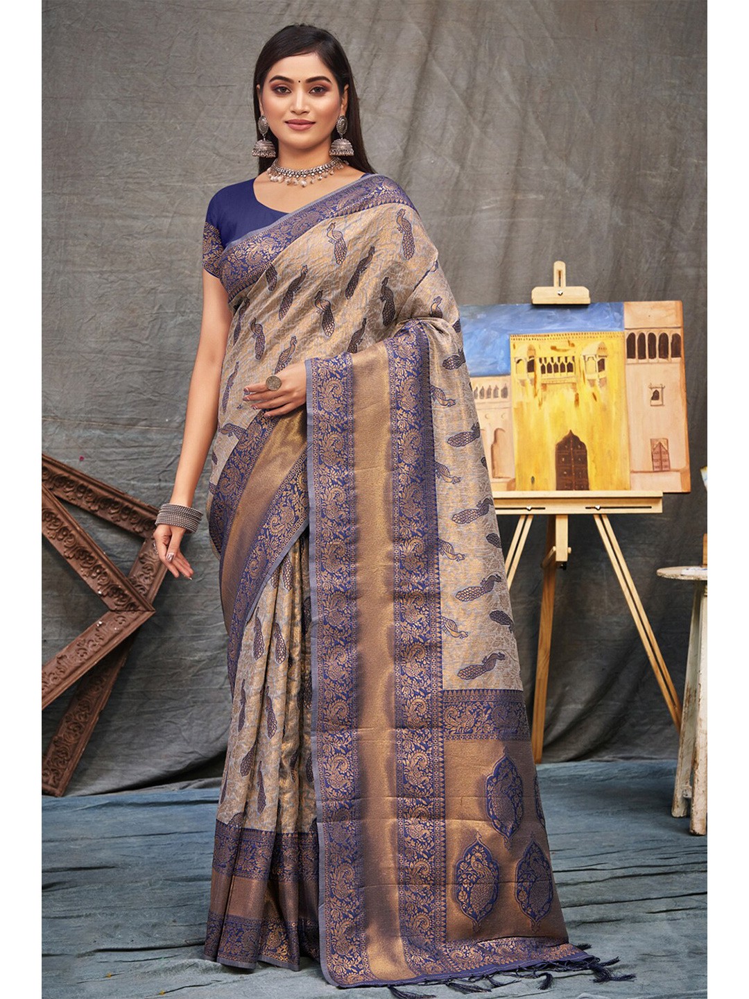 

Exclusiva Beige & Brown Woven Design Zari Organza Banarasi Saree
