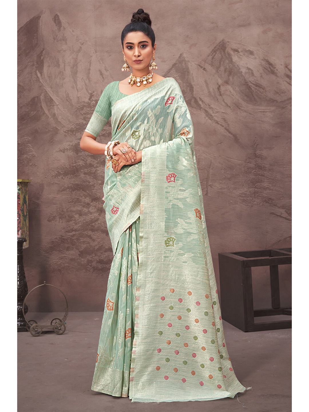 

Exclusiva Blue & Green Woven Design Zari Silk Cotton Banarasi Saree