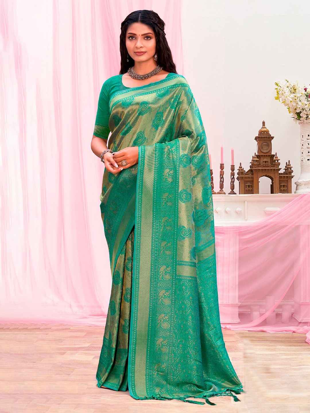 

Exclusiva Turquoise Blue & Gold-Toned Woven Design Zari Silk Blend Banarasi Saree