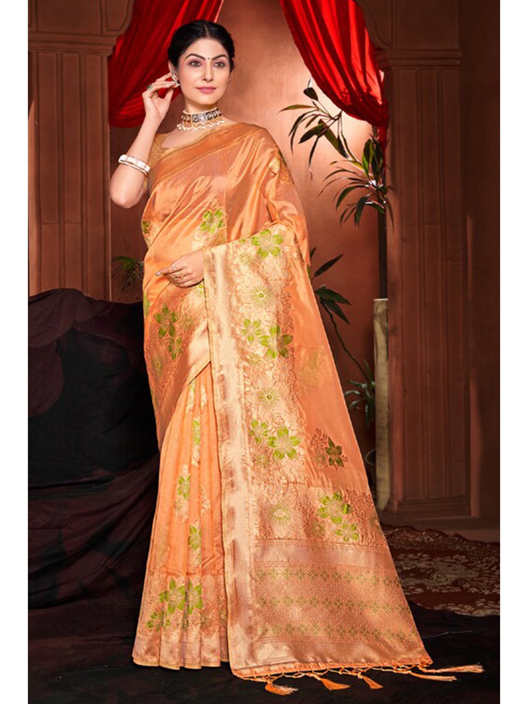 

Exclusiva Peach-Coloured & Green Woven Design Zari Silk Blend Banarasi Saree