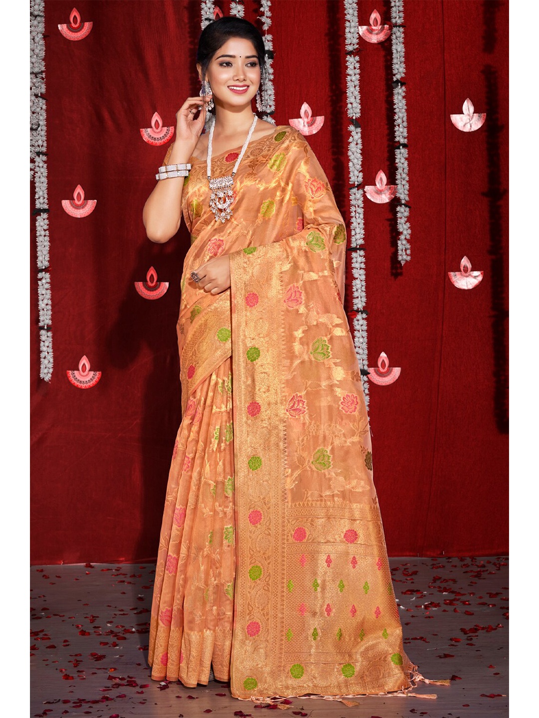 

Exclusiva Peach-Coloured & Red Woven Design Zari Organza Banarasi Saree