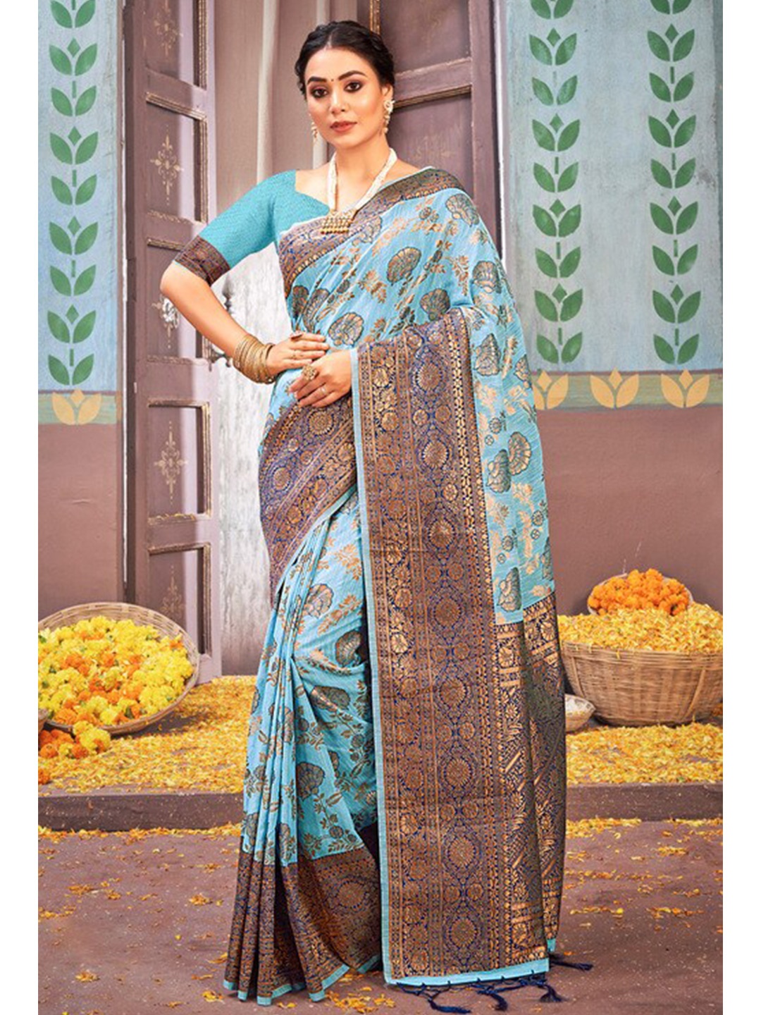 

Exclusiva Blue & Gold-Toned Woven Design Zari Pure Cotton Banarasi Saree