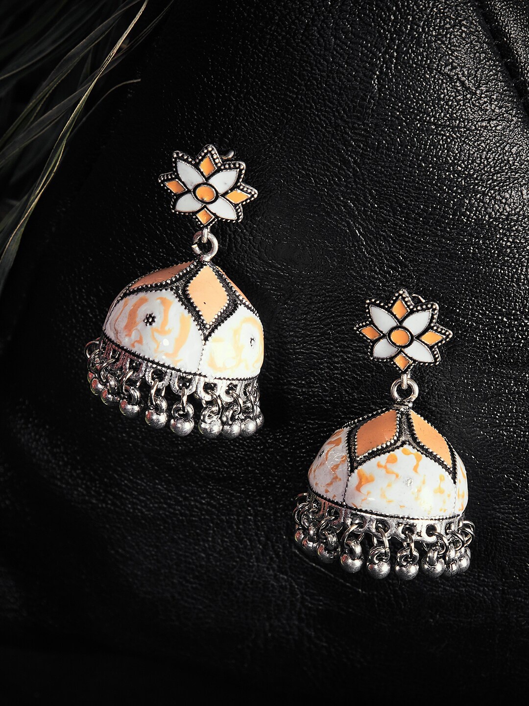 

GloBox By ZeroKaata Silver-Plated Dome Shaped Jhumkas Earrings, Orange