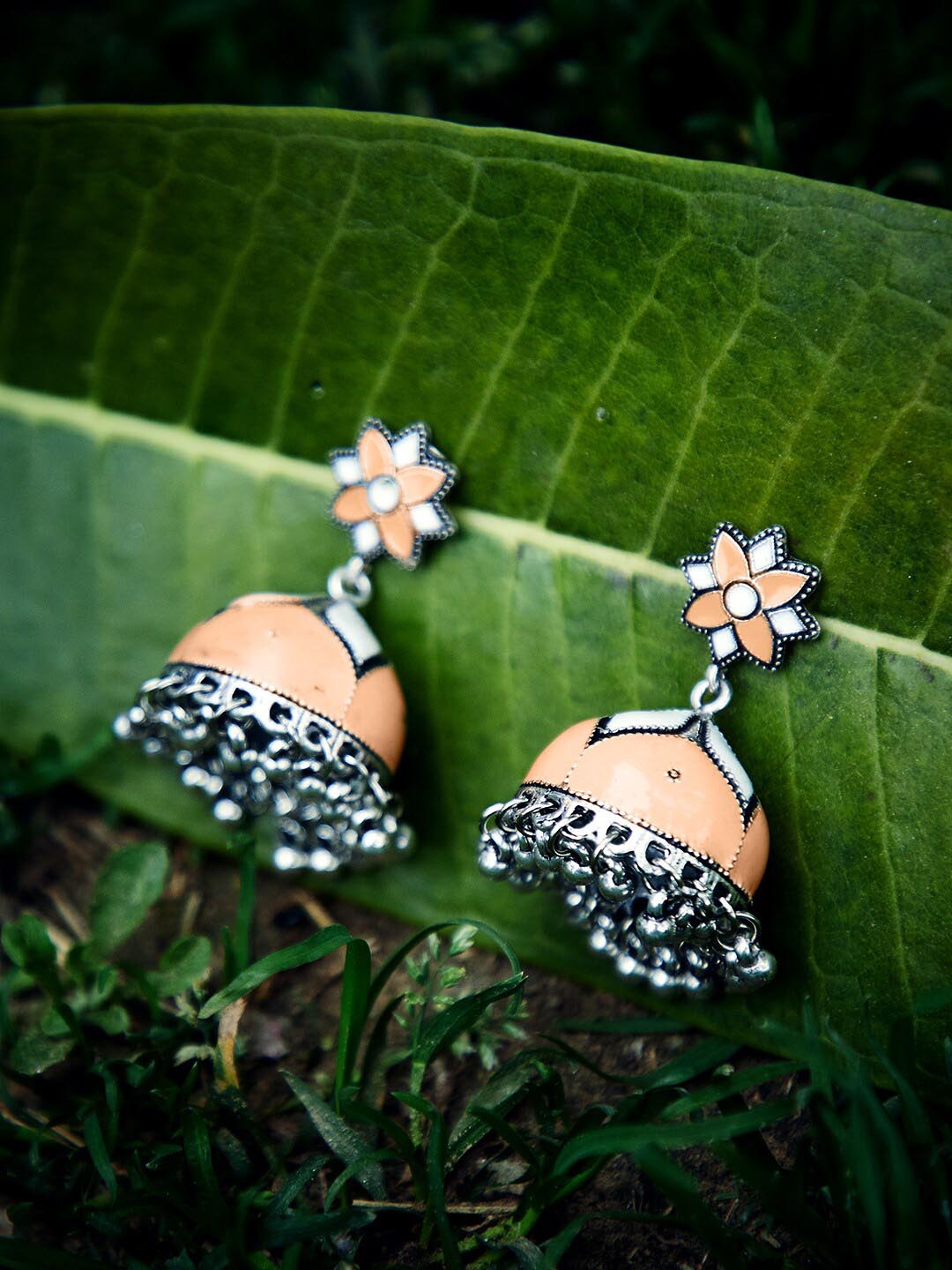 

GloBox By ZeroKaata Silver-Plated Dome Shaped Jhumkas Earrings, Peach
